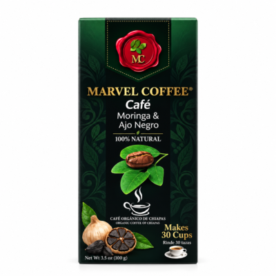 MARVEL COFFEE CON MORINGA Y AJO NEGRO CAJA 3.5 oz