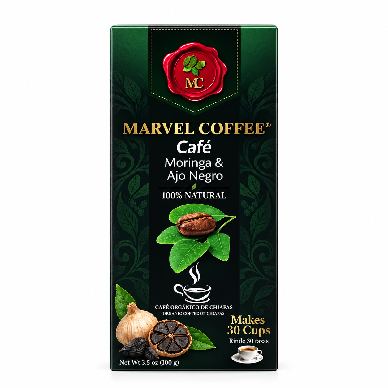 MARVEL COFFEE CON MORINGA Y AJO NEGRO CAJA 3.5 oz