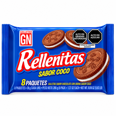 GN GALLETAS RELLENITAS SABOR COCO BOLSA 8 UNI 10.1 oz